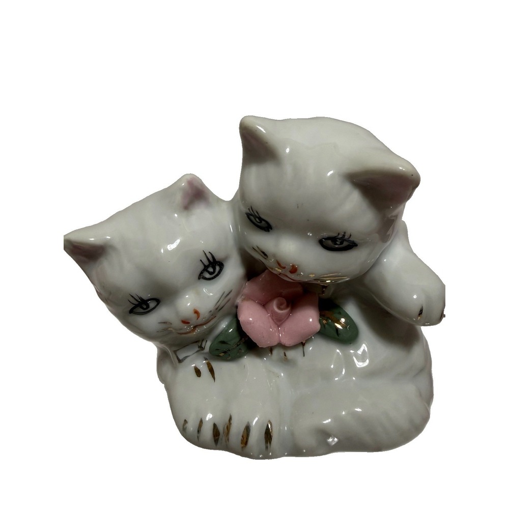 Vintage White Kittens Cuddling with Hand Painted Face‎ and Gold Trim Accents